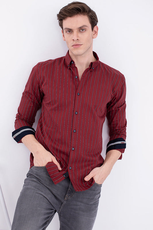 Red Cotton Twill Stripe Shirt - SNITCH