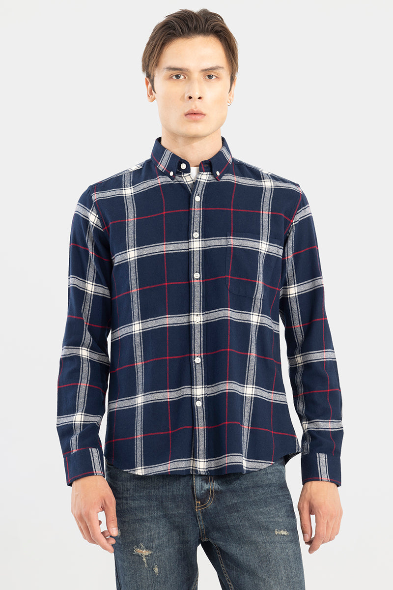 Wide-Woven Check Navy Shirt | Relove