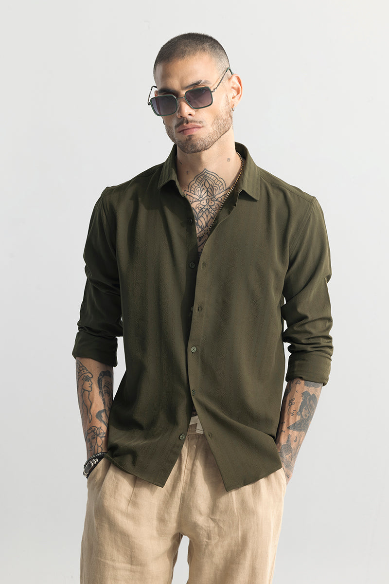 Crushed Self Stripe Olive Shirt | Relove