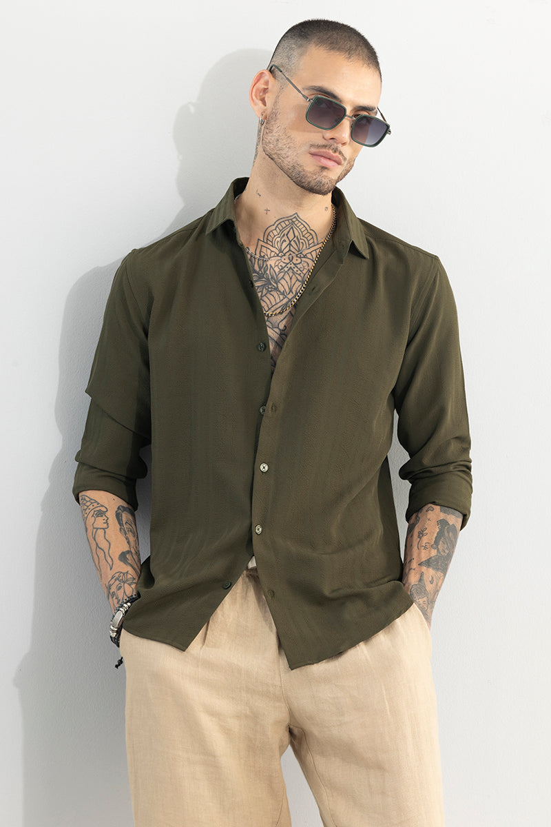 Crushed Self Stripe Olive Shirt | Relove