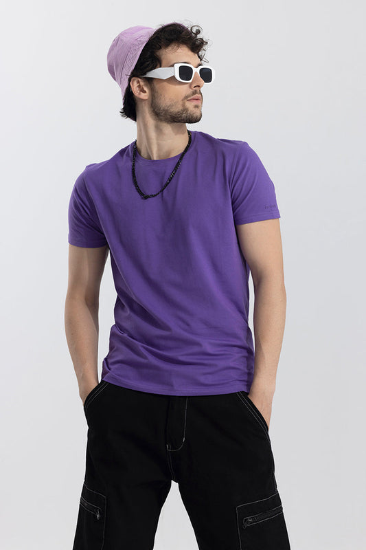 Purple Solid 4 Way Stretch Crew Neck T-Shirt | Relove