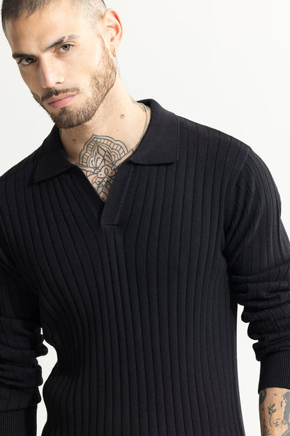 Chunky Ribbed Knitted Black Polo T-Shirt | Relove