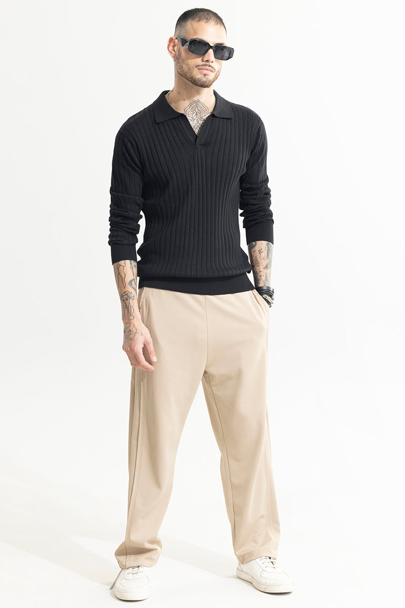 Chunky Ribbed Knitted Black Polo T-Shirt | Relove