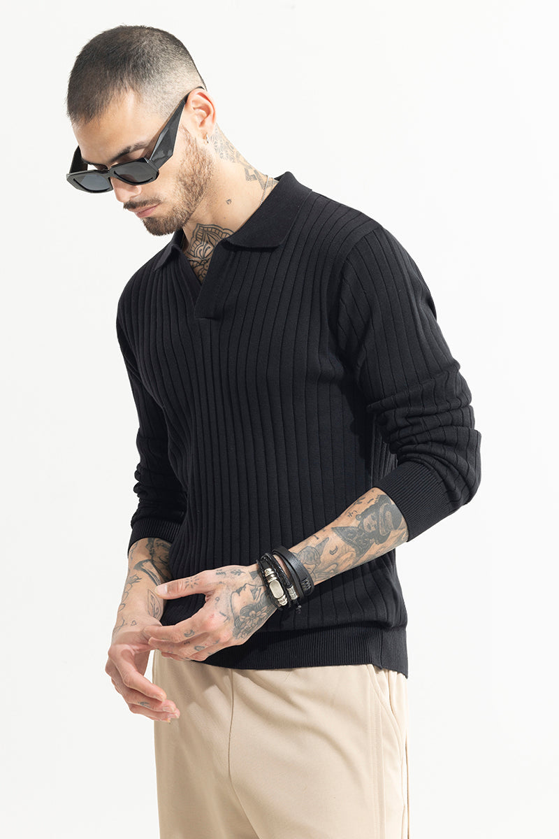 Chunky Ribbed Knitted Black Polo T-Shirt | Relove