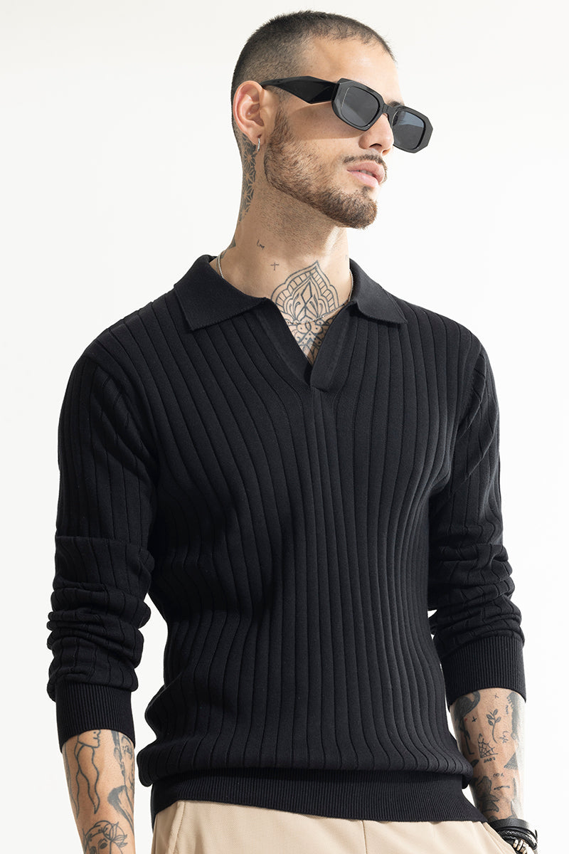 Chunky Ribbed Knitted Black Polo T-Shirt | Relove