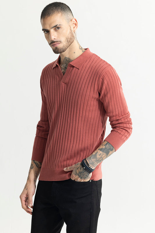 Chunky Ribbed Knitted Pink Polo T-Shirt | Relove