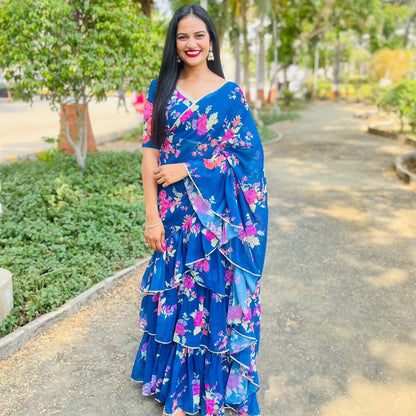 Bunaai Blue Floral Fusion Saree | Relove