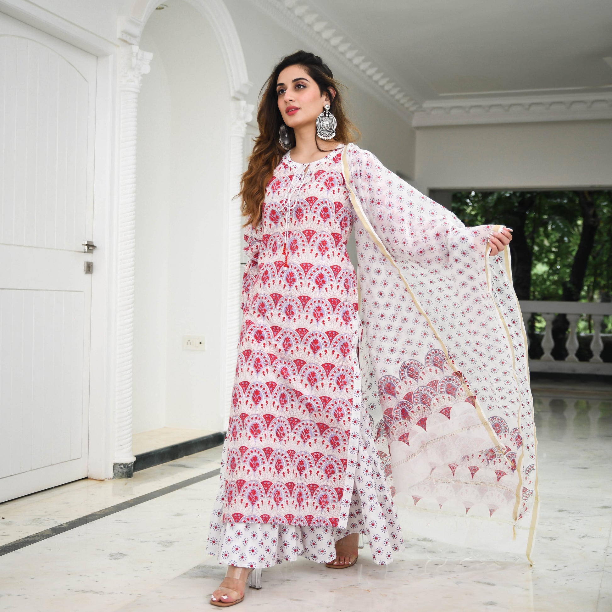 Pink & White Printed Cotton Sharara Suit Set