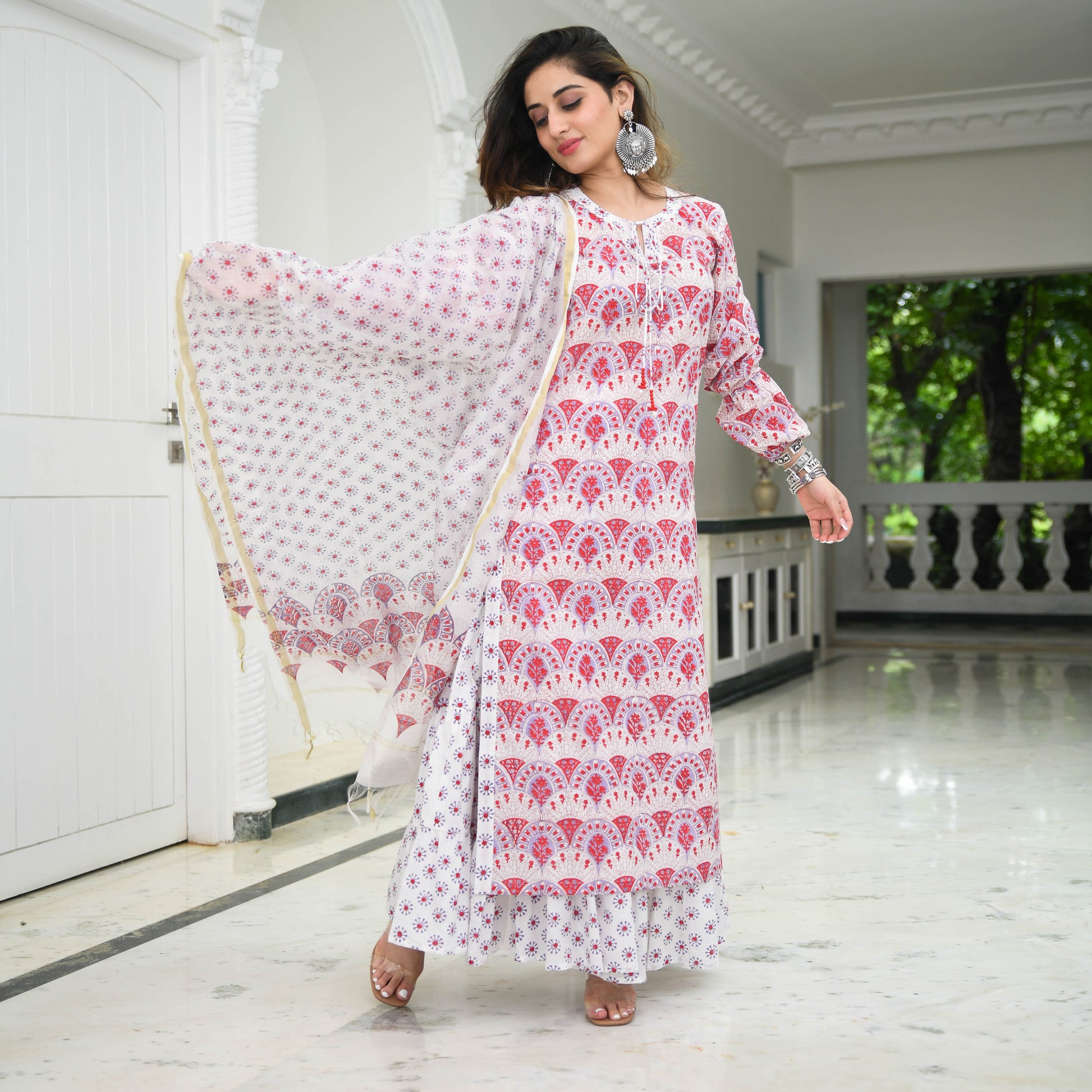 Pink & White Printed Cotton Sharara Suit Set