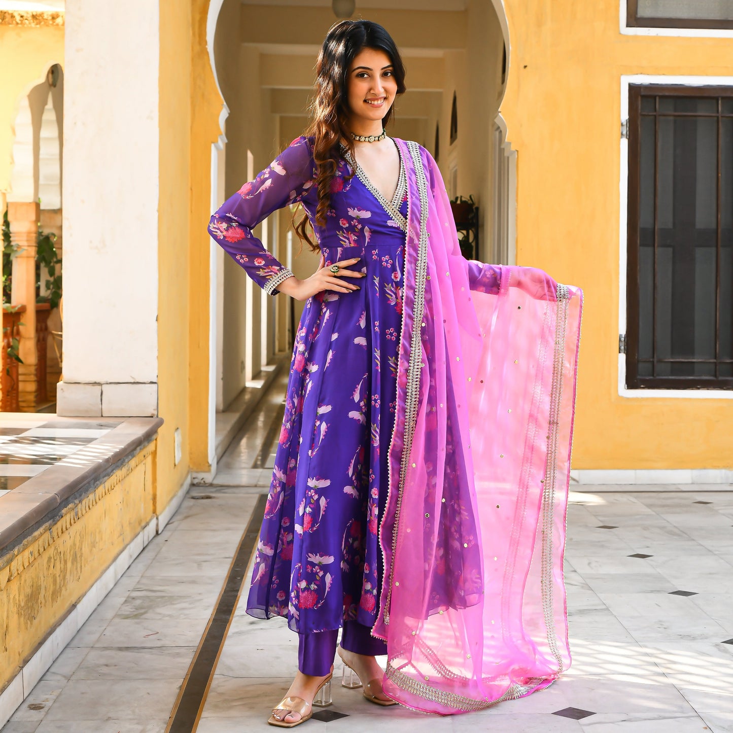 Purple pink Angrakha Style Anarkali for women online