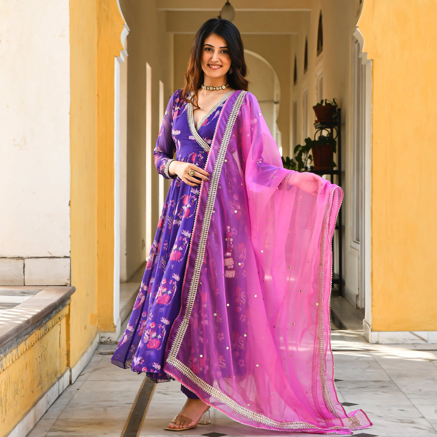 Purple pink Angrakha Style Anarkali for women online