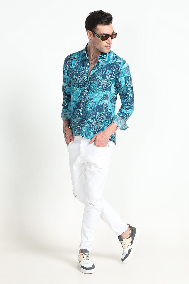 Paisley Print Patch Teal Blue Shirt | Relove