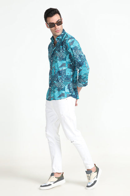 Paisley Print Patch Teal Blue Shirt | Relove