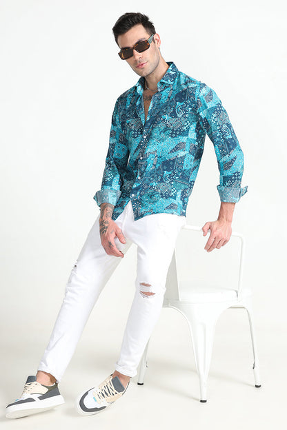 Paisley Print Patch Teal Blue Shirt | Relove