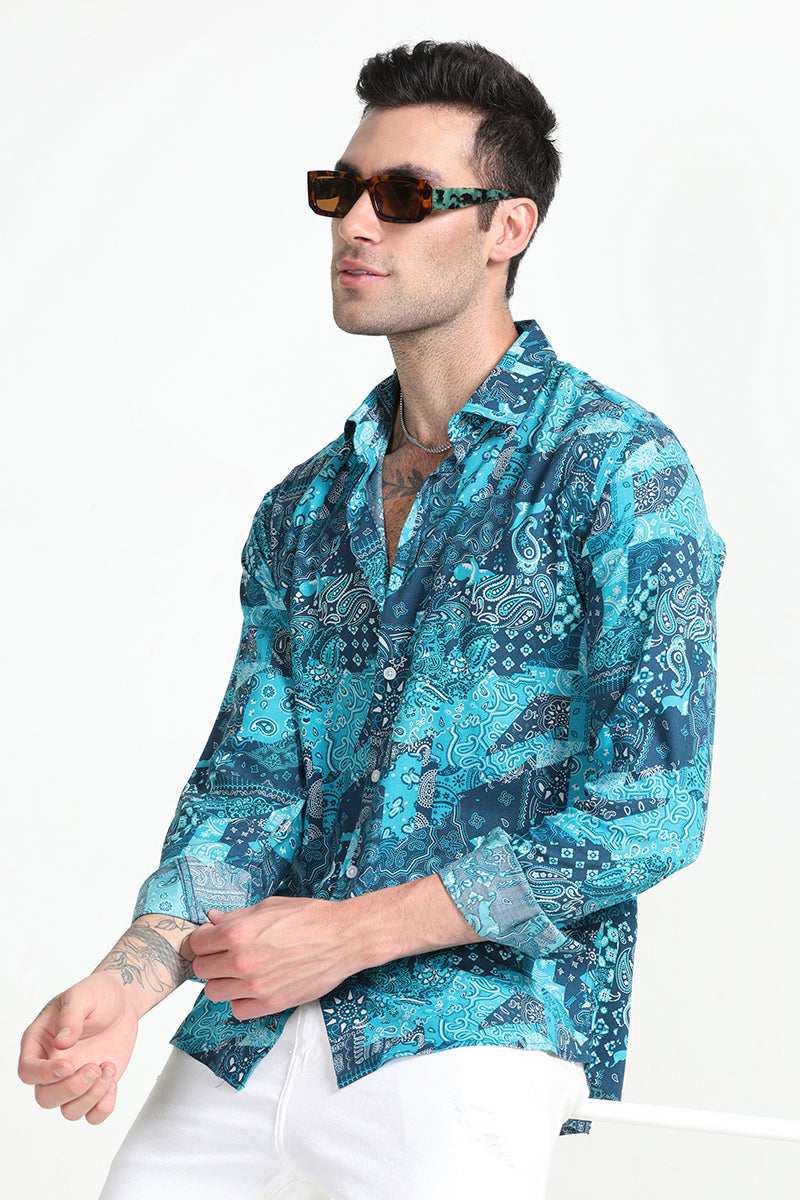 Paisley Print Patch Teal Blue Shirt | Relove