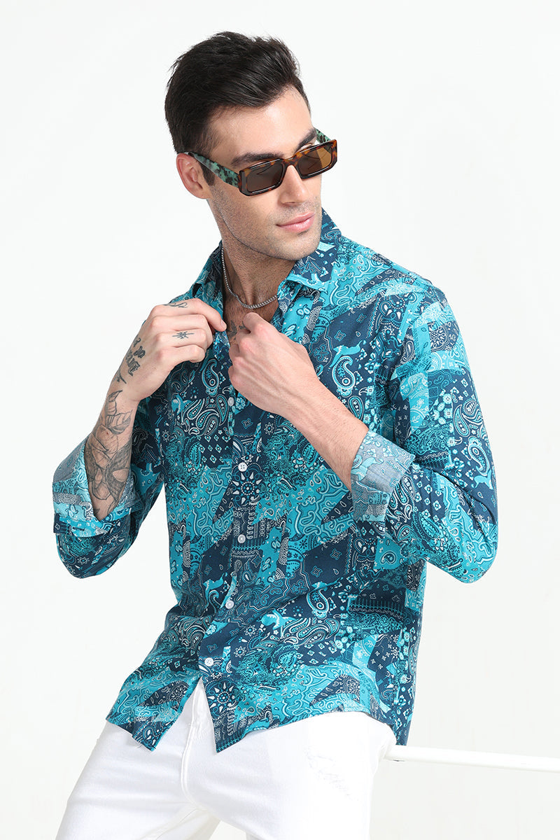 Paisley Print Patch Teal Blue Shirt | Relove