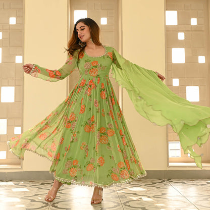 Green Floral Designer Chiffon Suit Set For Women Online