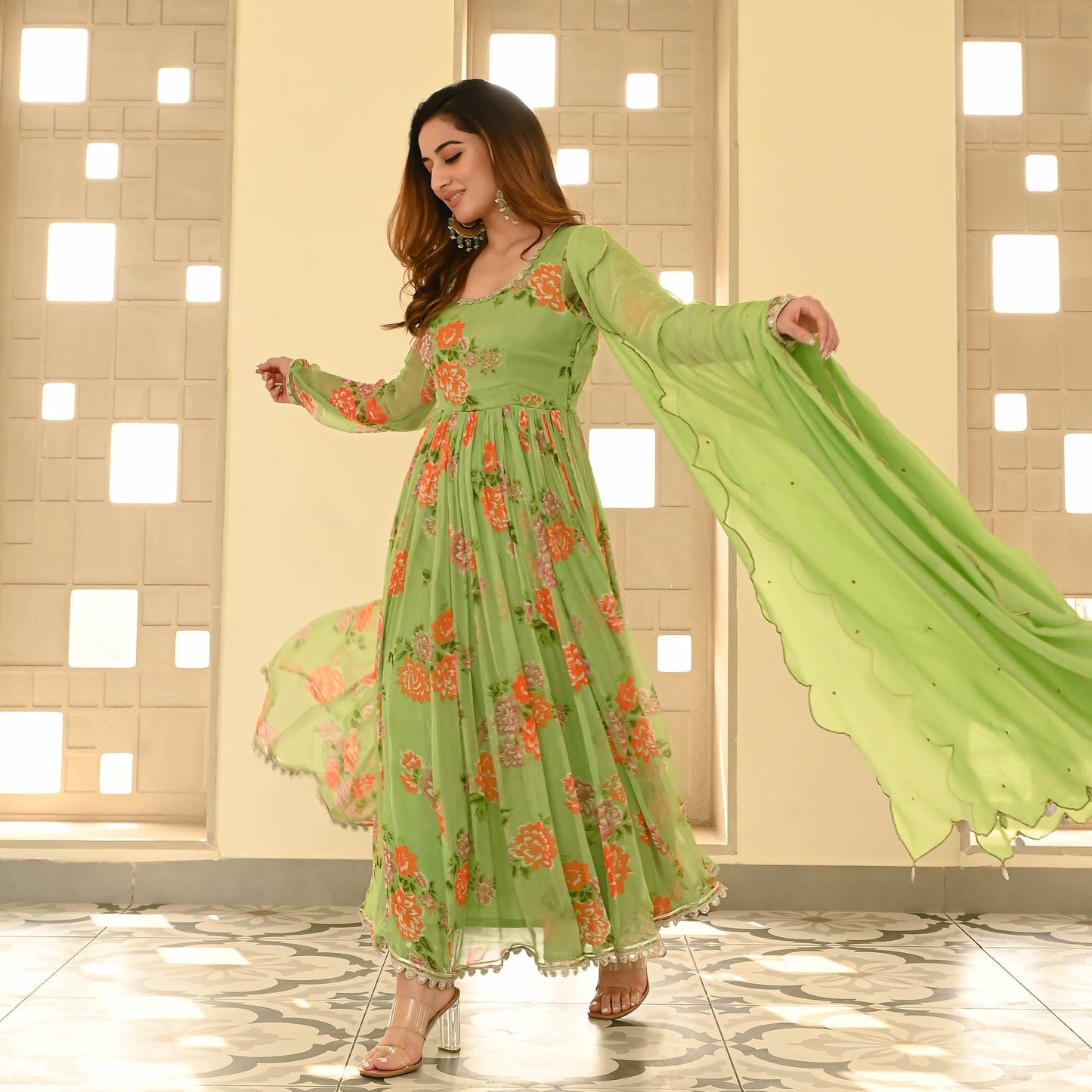 Green Floral Designer Chiffon Suit Set For Women Online