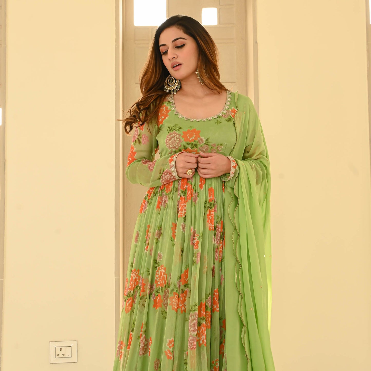 Bunaai Green Floral Chiffon Suit Set | Relove