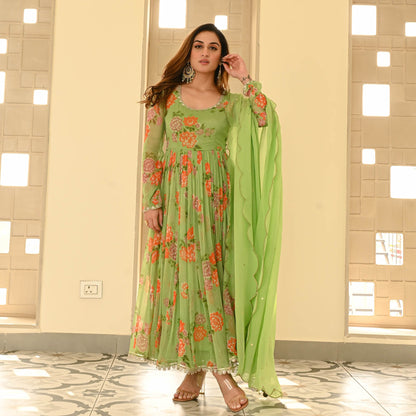 Bunaai Green Floral Chiffon Suit Set | Relove