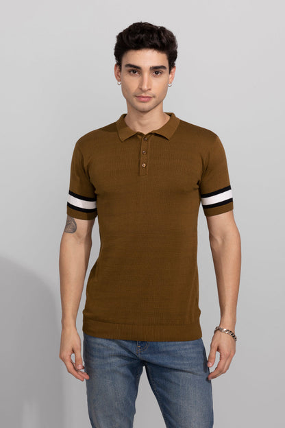 Striped Ribbed Brown Polo T-Shirt | Relove