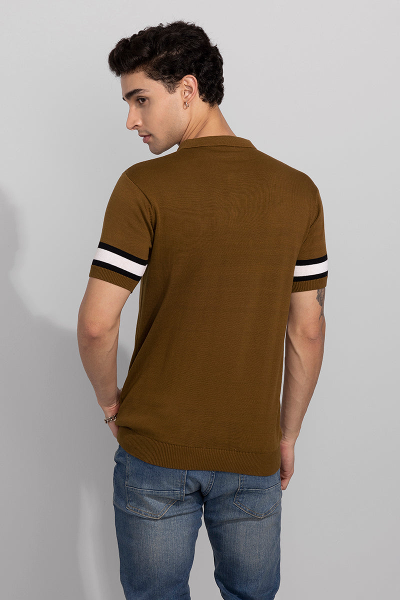 Striped Ribbed Brown Polo T-Shirt | Relove