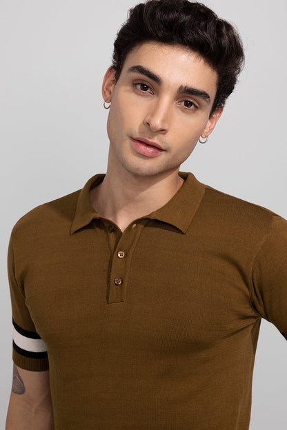 Striped Ribbed Brown Polo T-Shirt | Relove