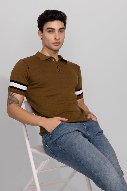 Striped Ribbed Brown Polo T-Shirt | Relove