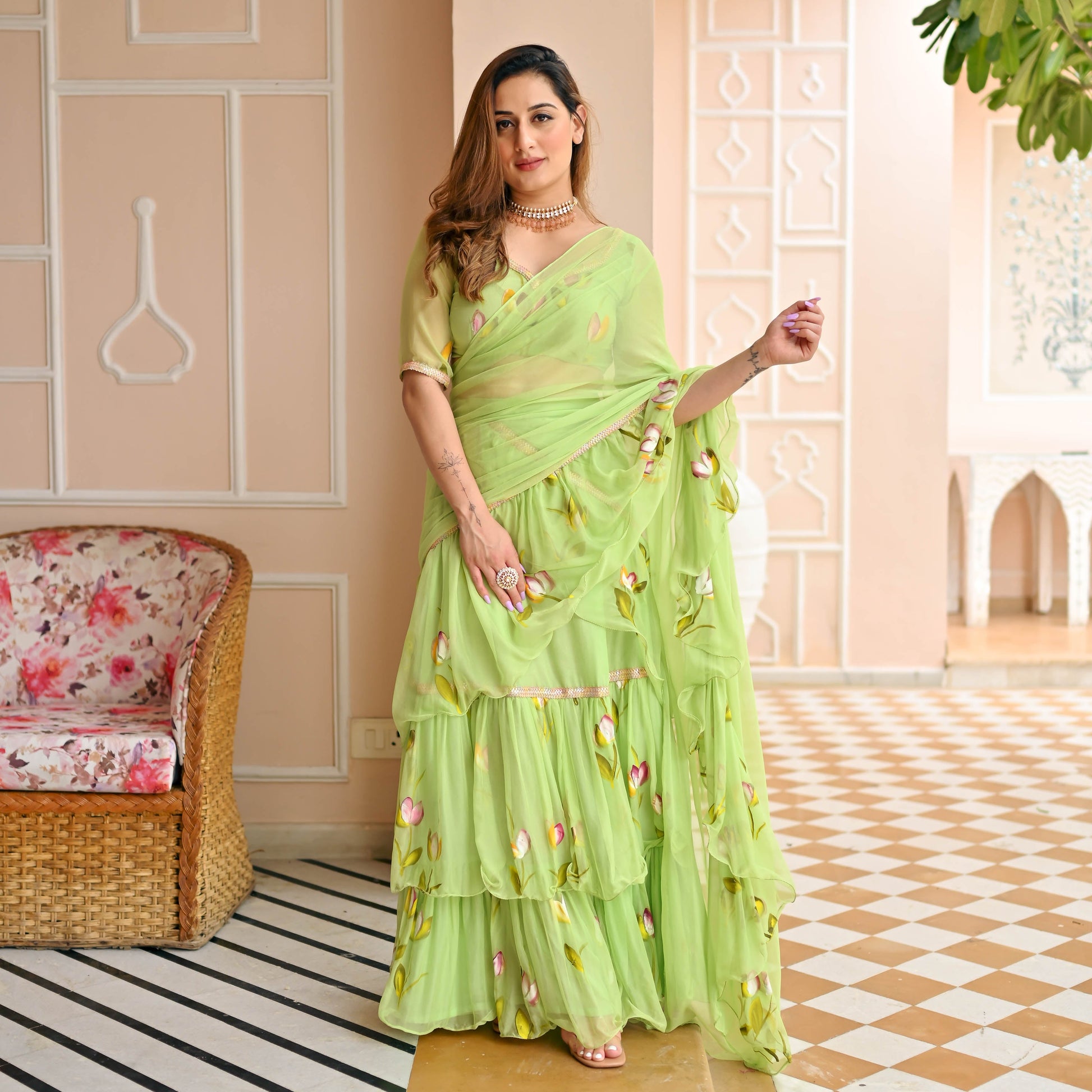 Light Green Handpainted Saree for Women Online