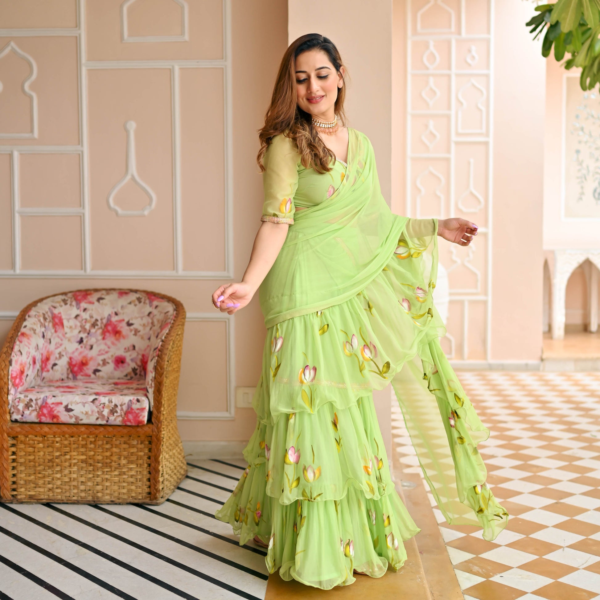 Light Green Handpainted Saree for Women Online