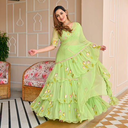 Paradise Green Handpainted Draped Chiffon Saree with Blouse Online