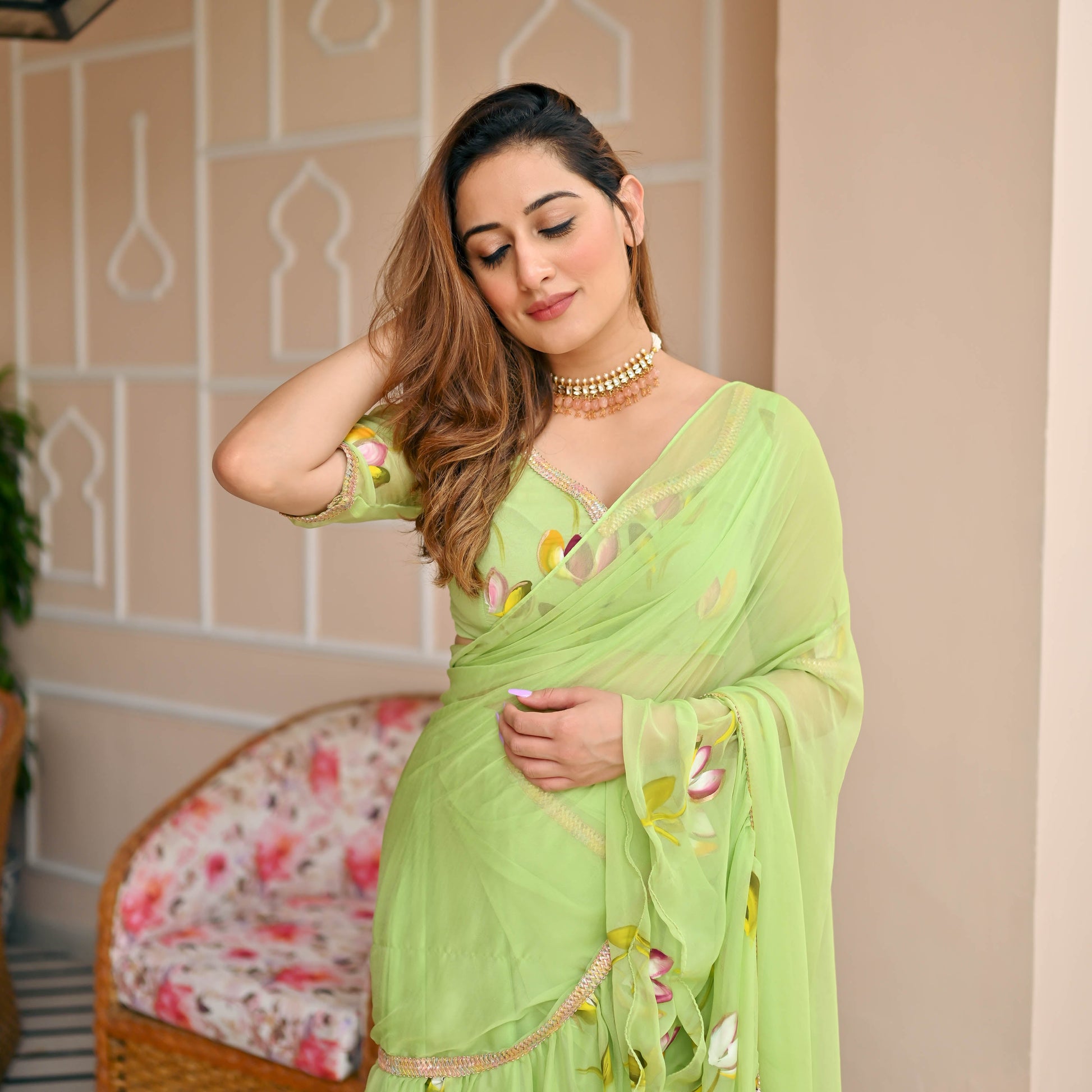 Paradise Green Handpainted Draped Chiffon Saree with Blouse Online