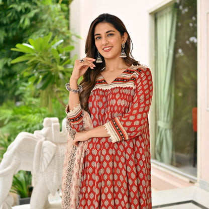 Red Natural Dye Designer Cotton Suit Set For Women Online