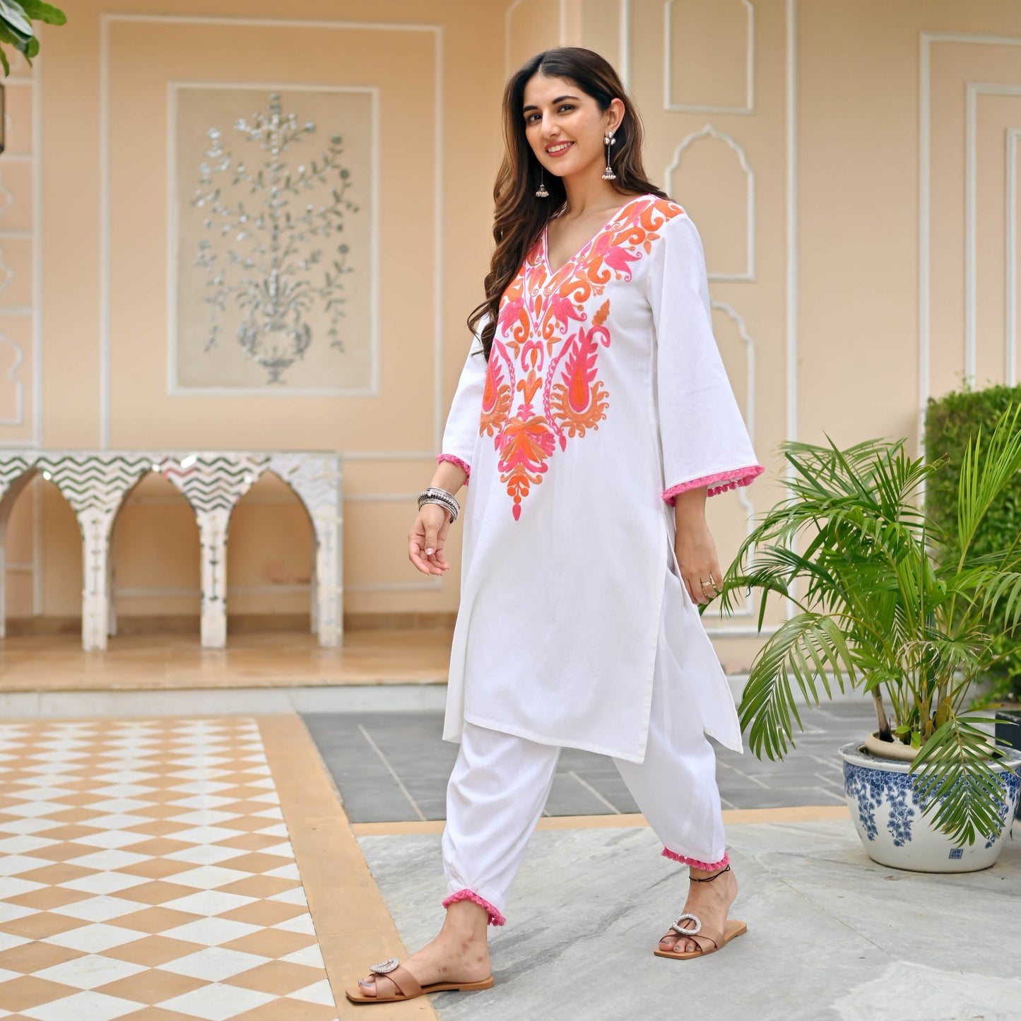 White Pink Embroidered Co-ord Set | Relove