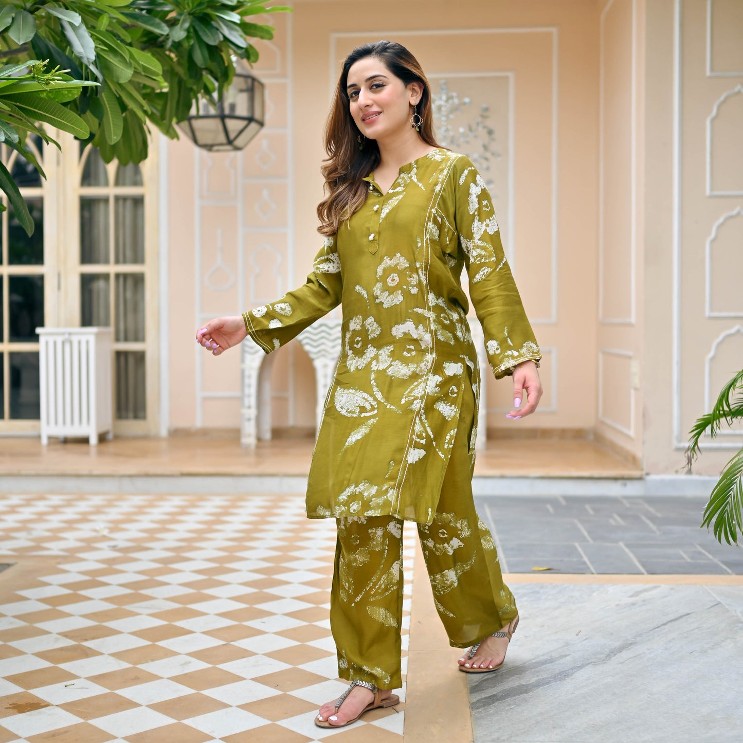 Olive Green Cotton Silk Co-ord Set for Women Online