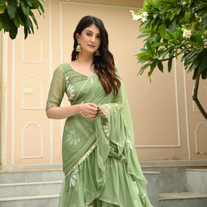Daisy Olive Green Handpainted Draped Chiffon Saree with Blouse Online