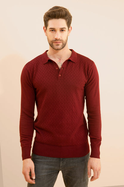 Joyous Maroon Fullsleeves Knitted Polo - SNITCH