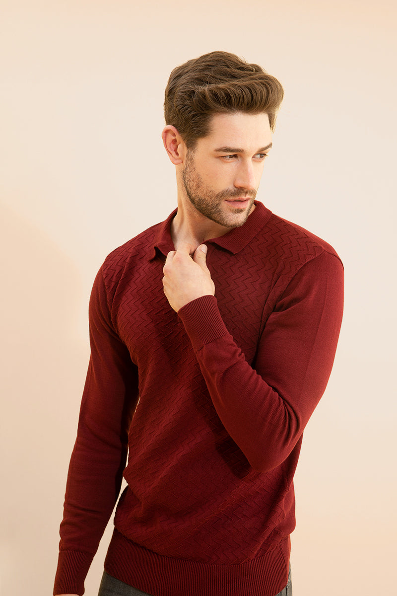 Joyous Maroon Fullsleeves Knitted Polo - SNITCH