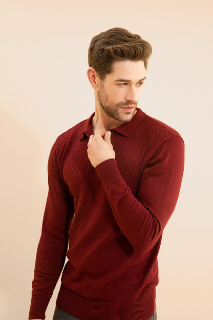 Joyous Maroon Fullsleeves Knitted Polo - SNITCH