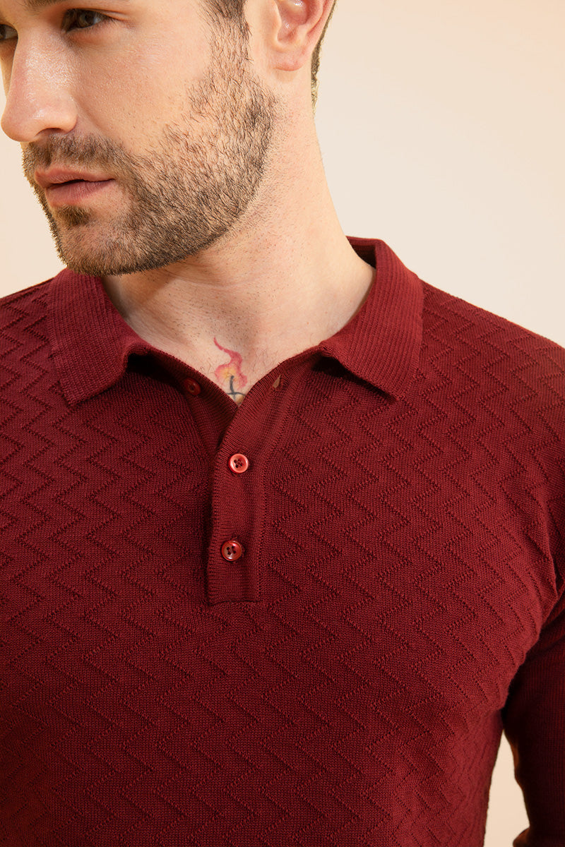 Joyous Maroon Fullsleeves Knitted Polo - SNITCH