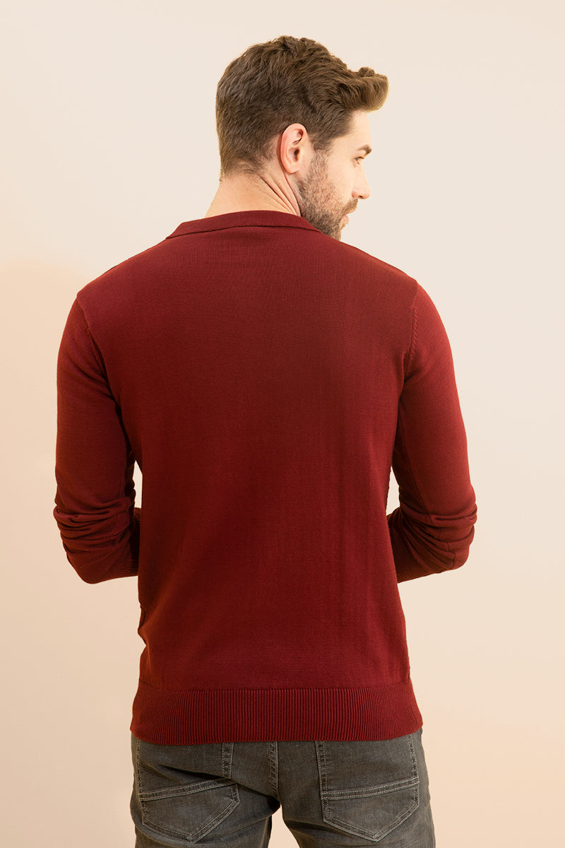 Joyous Maroon Fullsleeves Knitted Polo - SNITCH