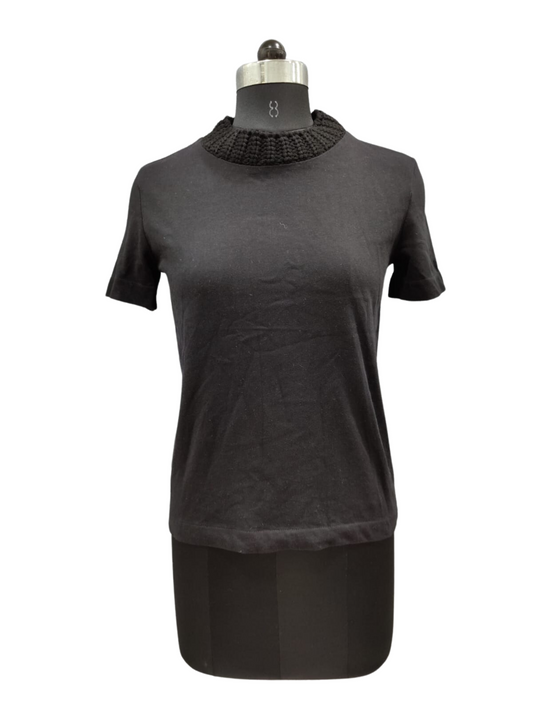 ZARA Black Top With Woolen Woven Collar | Relove