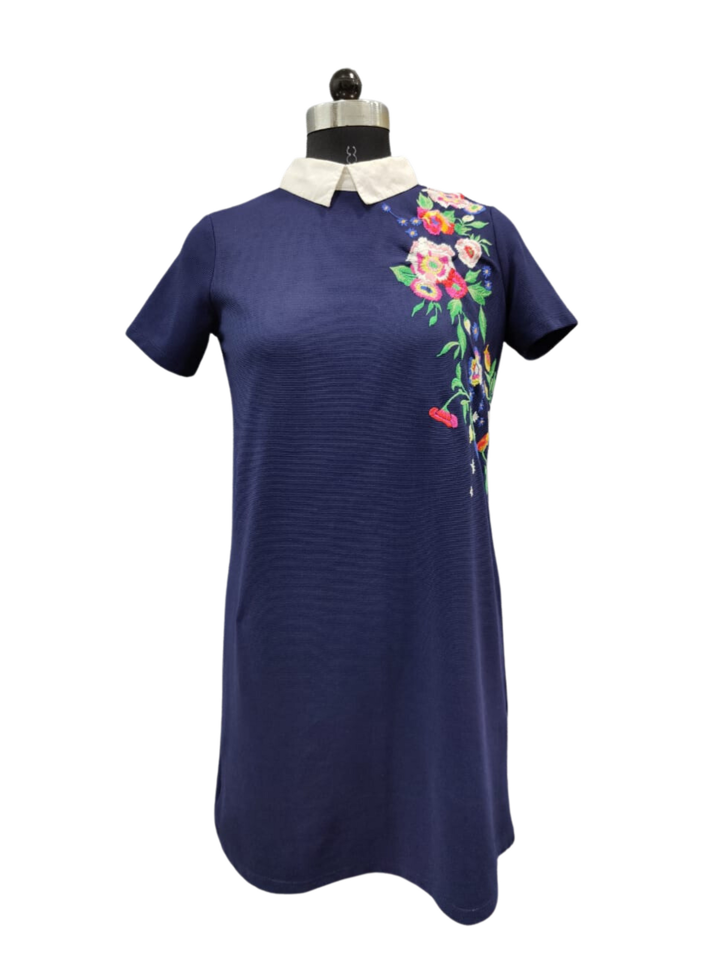 ZARA Navy Blue Floral Embroidered Collared Shift Dress | Relove