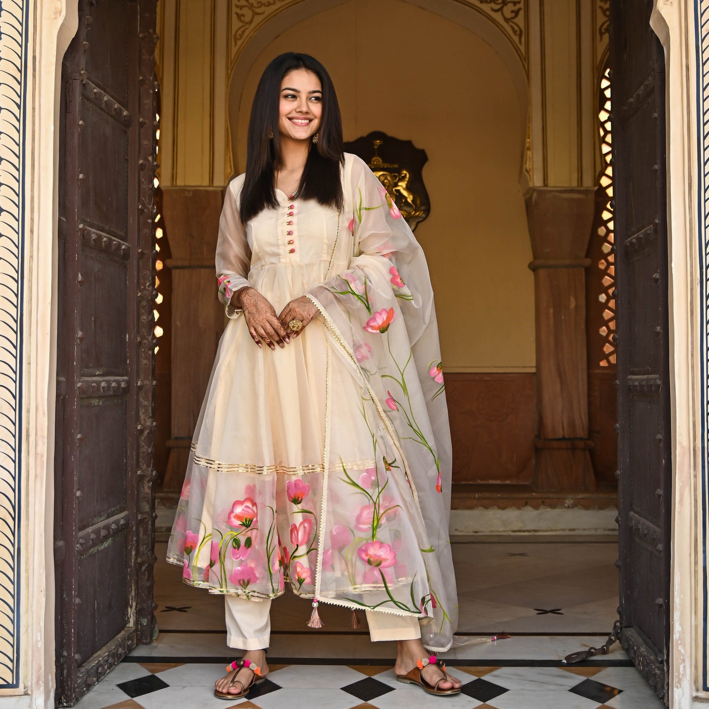 Cream Handpainted Anarkali Suit Sets