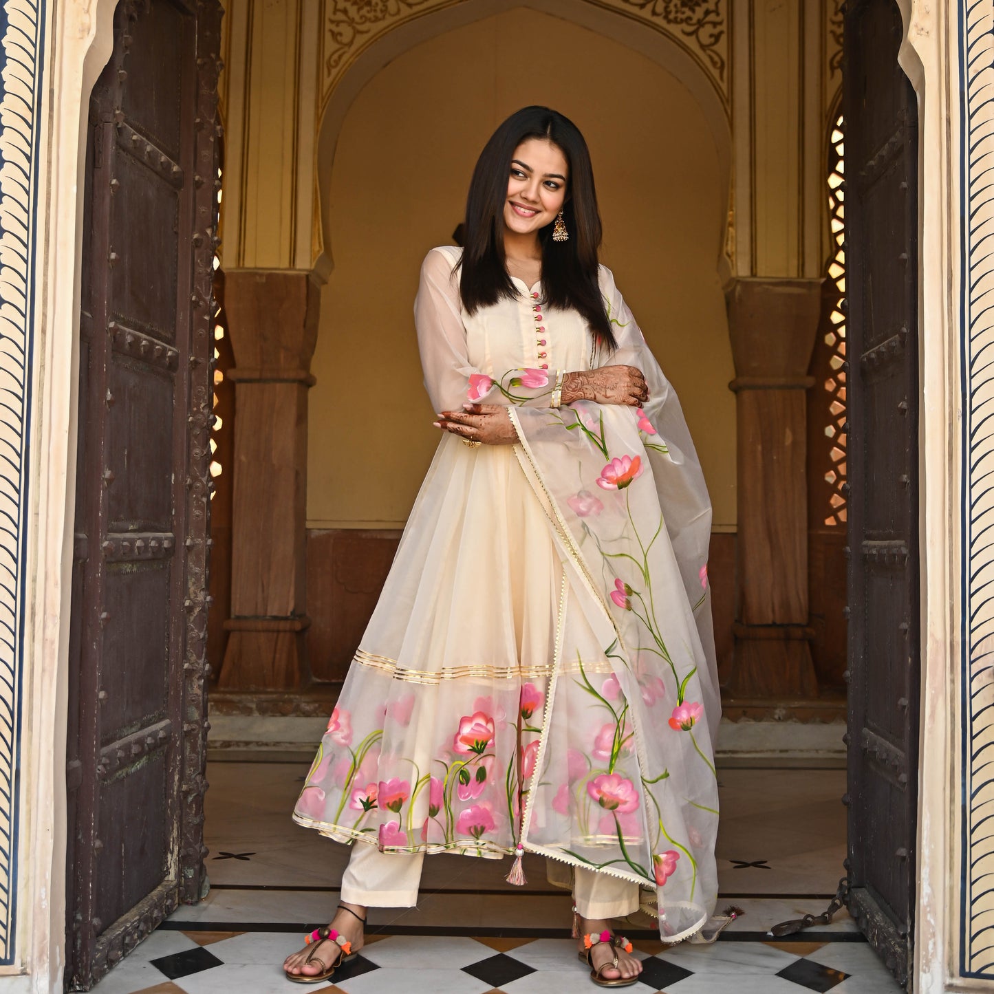 Bunaai Enakshi Cream Handpainted Designer Anarkali Suit Set For Women Online