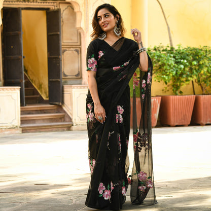 Black Floral Organza Saree