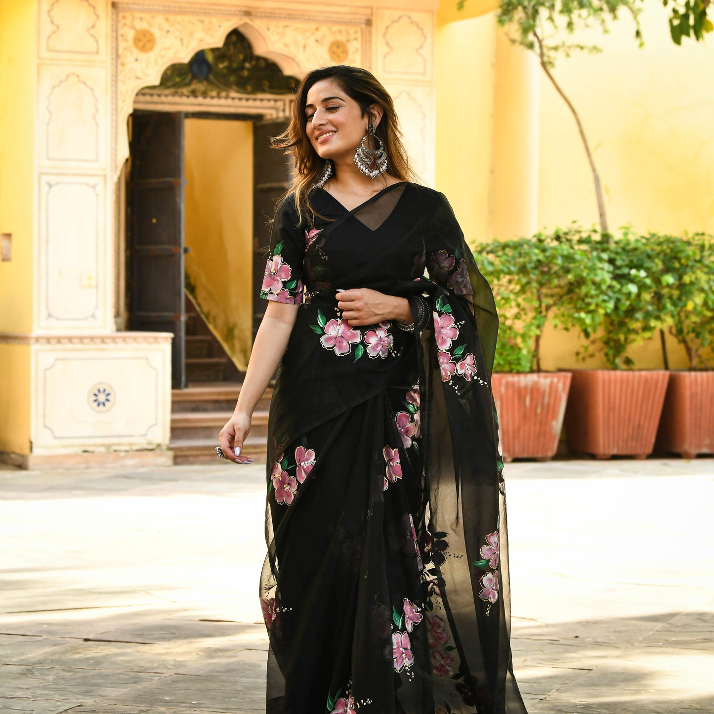 Handpainted Floral Black Organza Saree Online