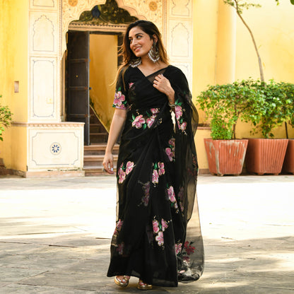 Handpainted Floral Black Organza Saree Online