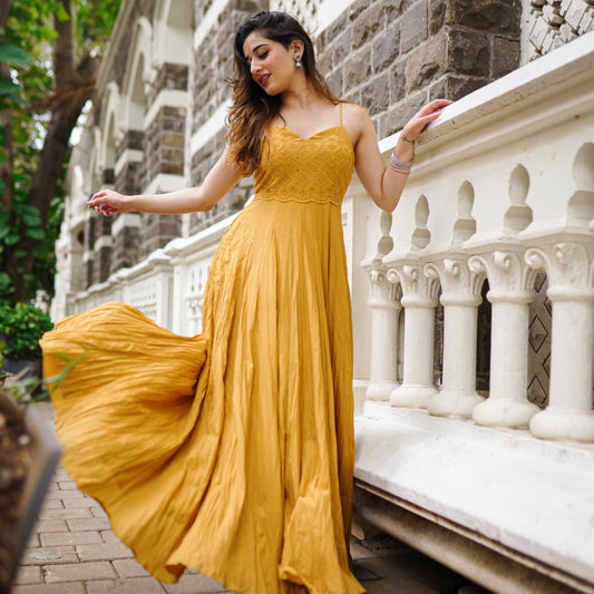  Mia Sleeveless Yellow Cotton Maxi Dress For Women Online