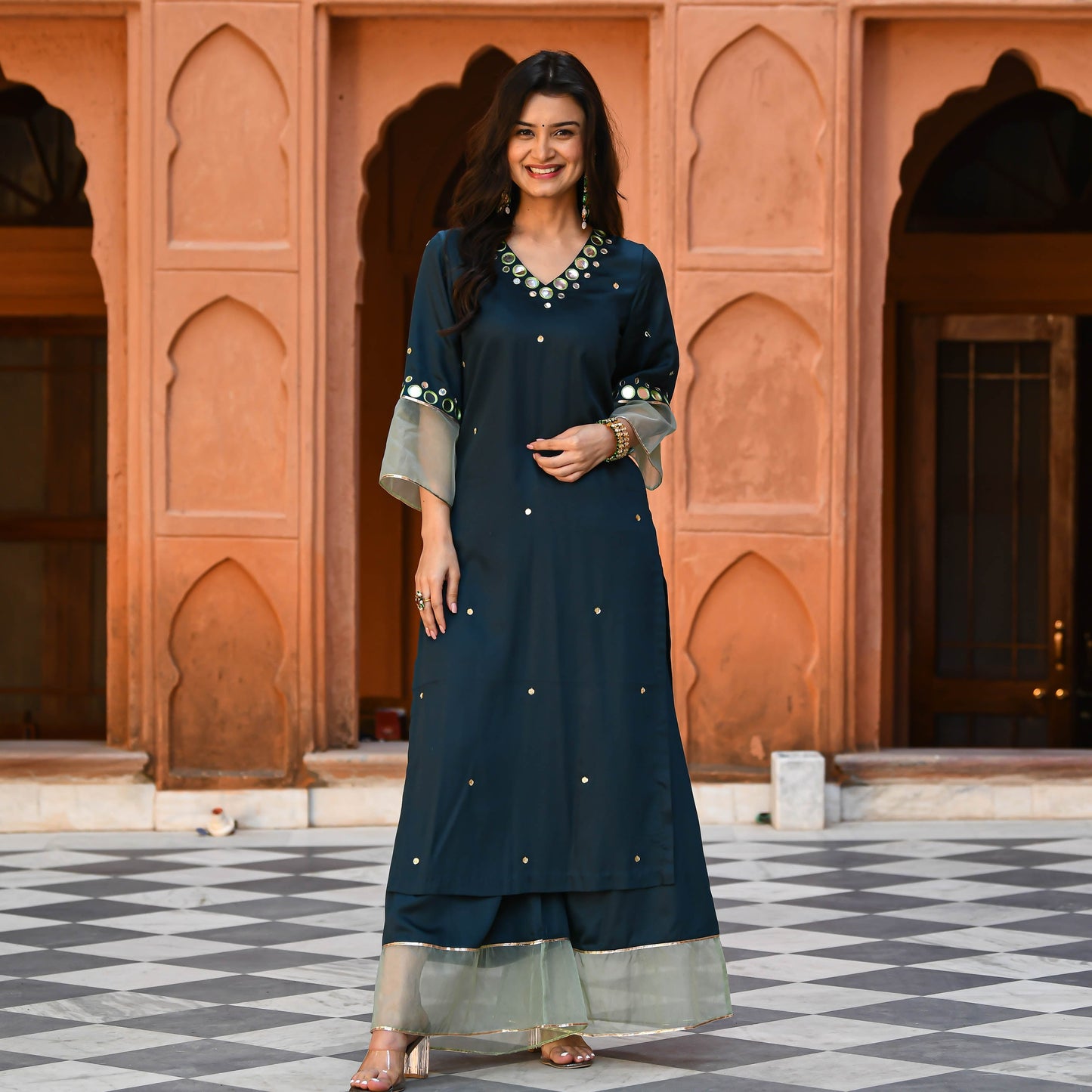 Dark Green Mirror Work Kurta Set for Women Online